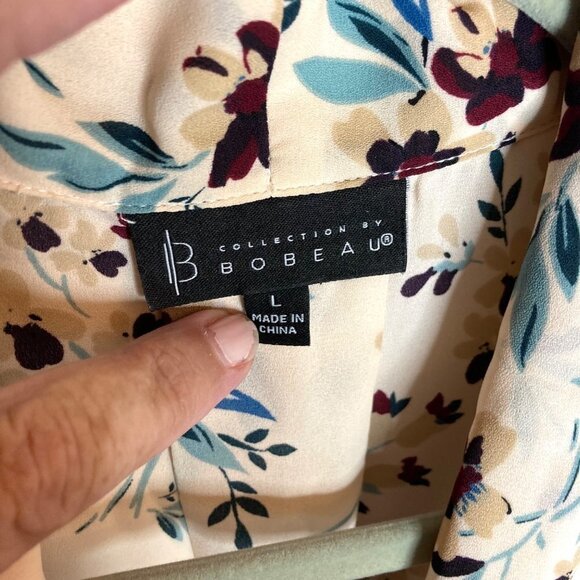 Bobeau Floral Tie Front Pullover Blouse Retro 70s 80s Office Secretary Tan Sz L - Picture 3 of 8